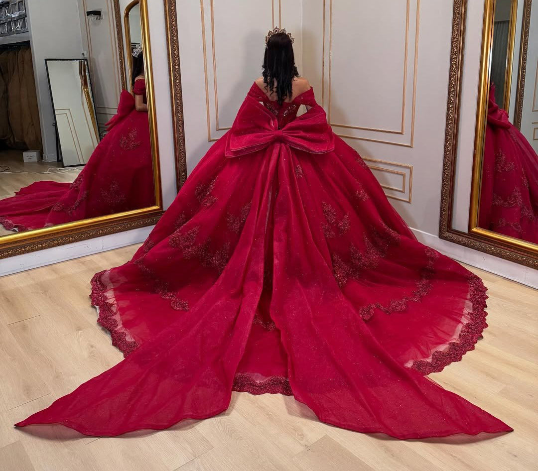 Princess Tulle Lace Appliqued Sweet 16 Red Quinceanera Dresses with Bow HE687