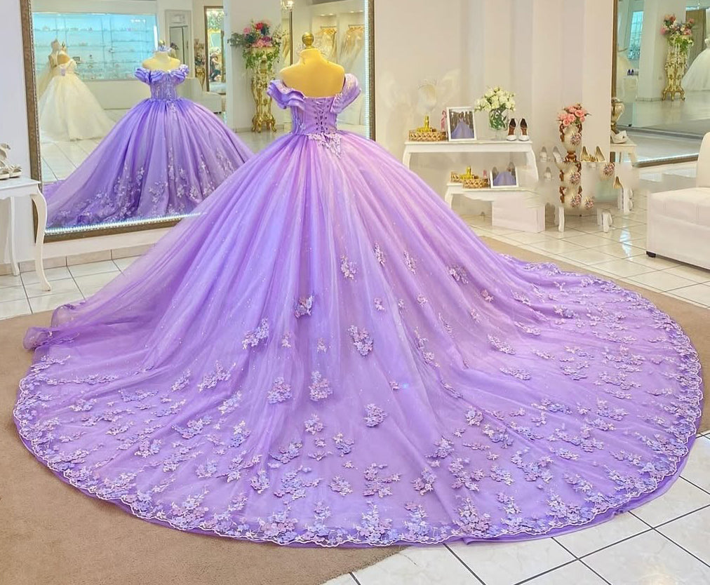 Off Shoulder Lilac Tulle Appliqued Sweet 16 Quinceanera Dresses with Long Train HE690