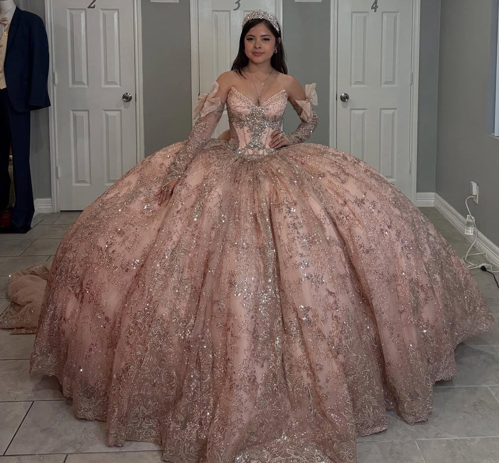 Sweetheart Glittery Tulle Sequin Beaded Quinceanera Dresses with Long Train HE815
