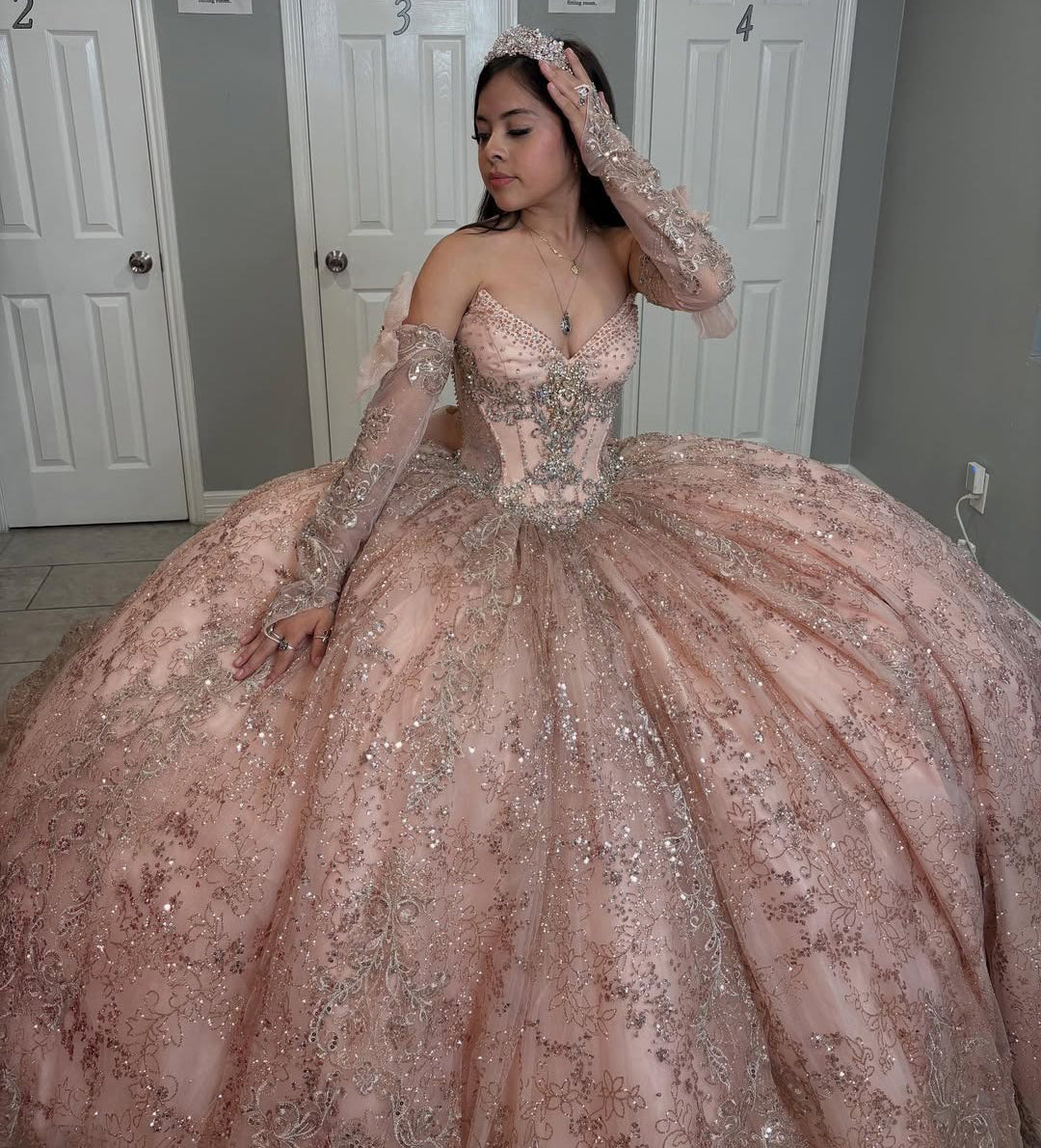 Sweetheart Glittery Tulle Sequin Beaded Quinceanera Dresses with Long Train HE815