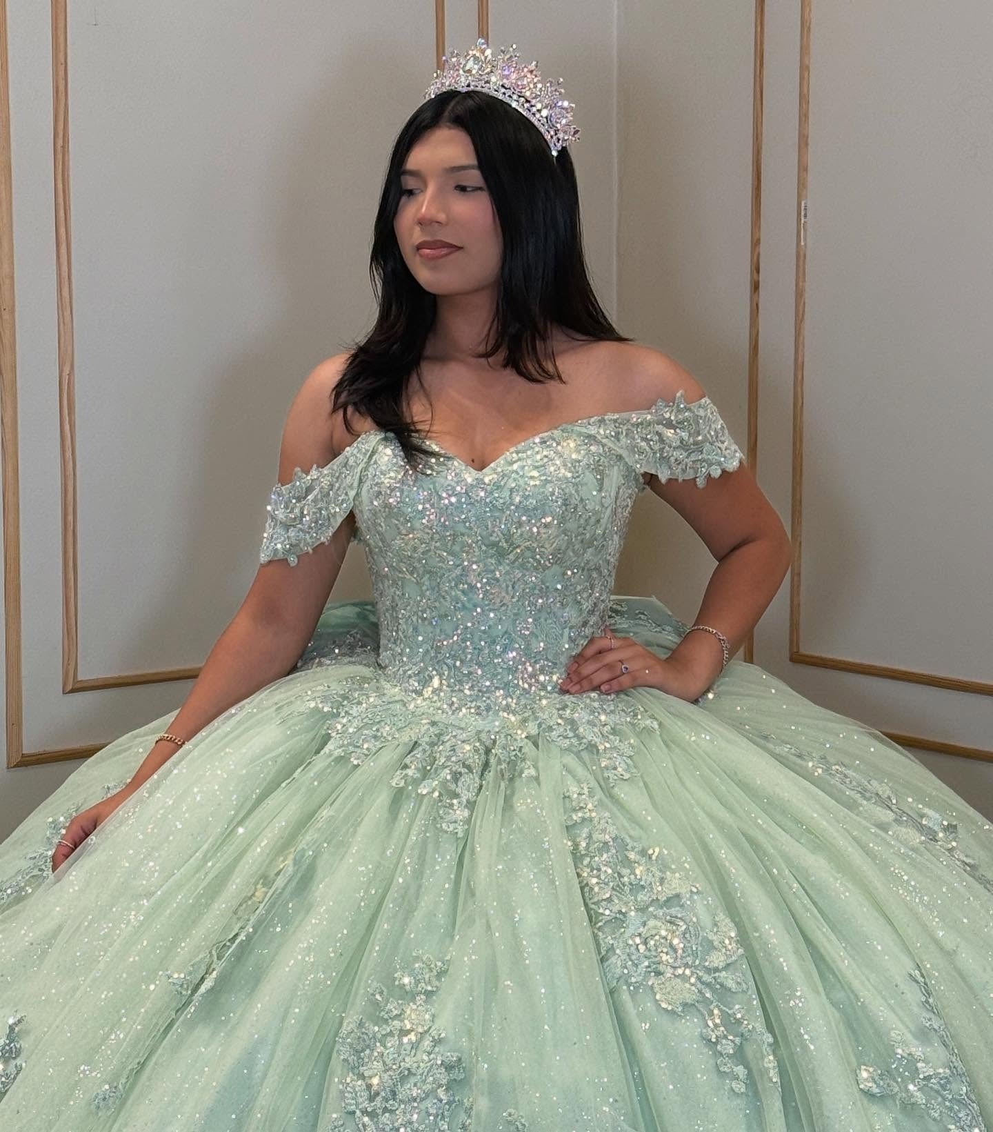 Vestidos de quinceañera con hombros descubiertos, tul princesa, apliques, vestidos de quinceañera HE530