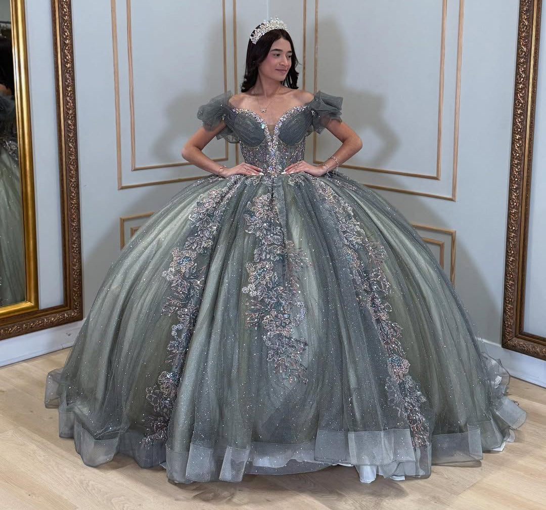Off Shoulder Glittery Tulle Lace Appliqued Sweet 16 Quinceanera Dresses HE765