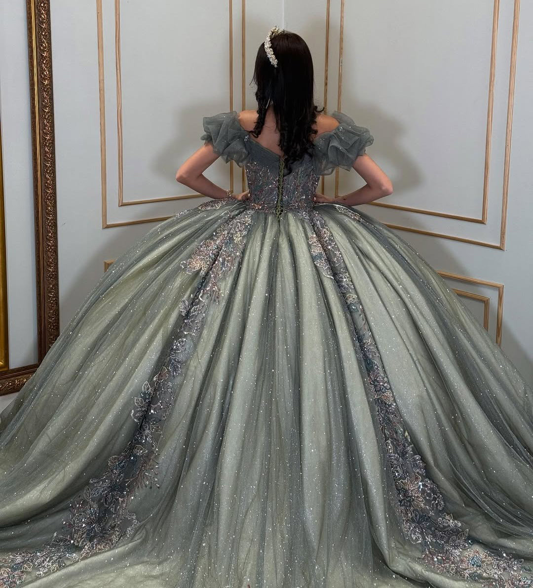 Off Shoulder Glittery Tulle Lace Appliqued Sweet 16 Quinceanera Dresses HE765