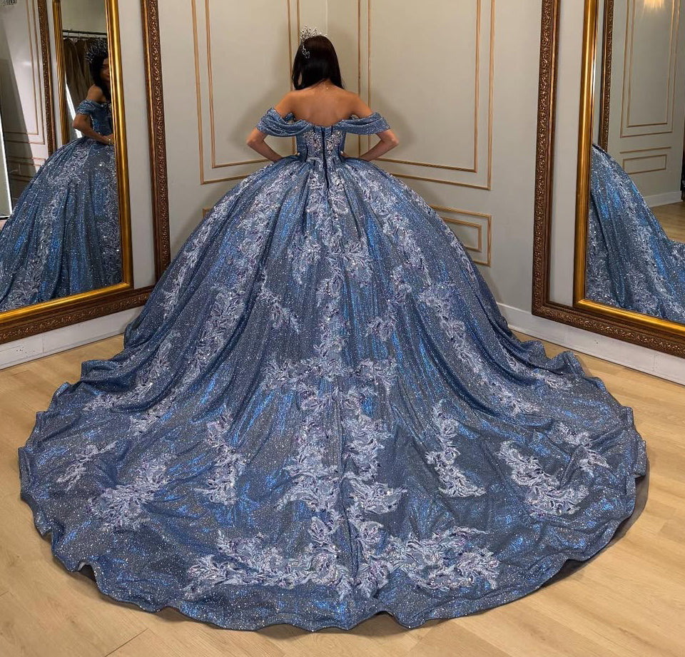 Vestidos de quinceañera con hombros descubiertos, tul princesa, apliques, vestidos de quinceañera HE530