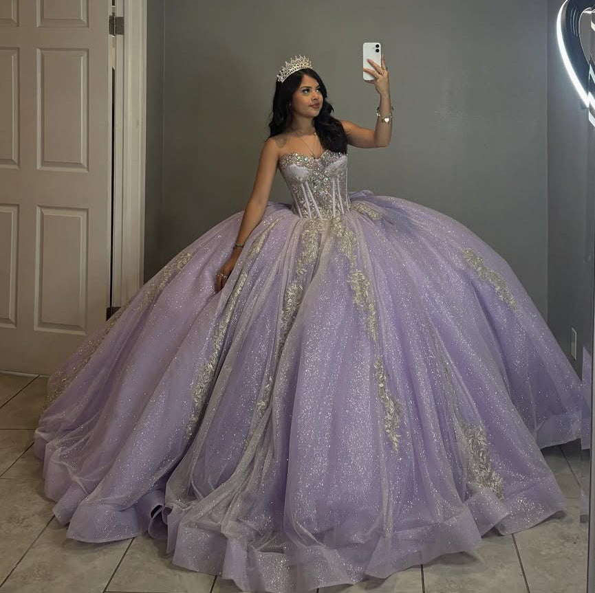 Lilac Sweetheart Corset Tulle Appliqued Beaded Quinceanera Dresses for Sweet 16 HE814