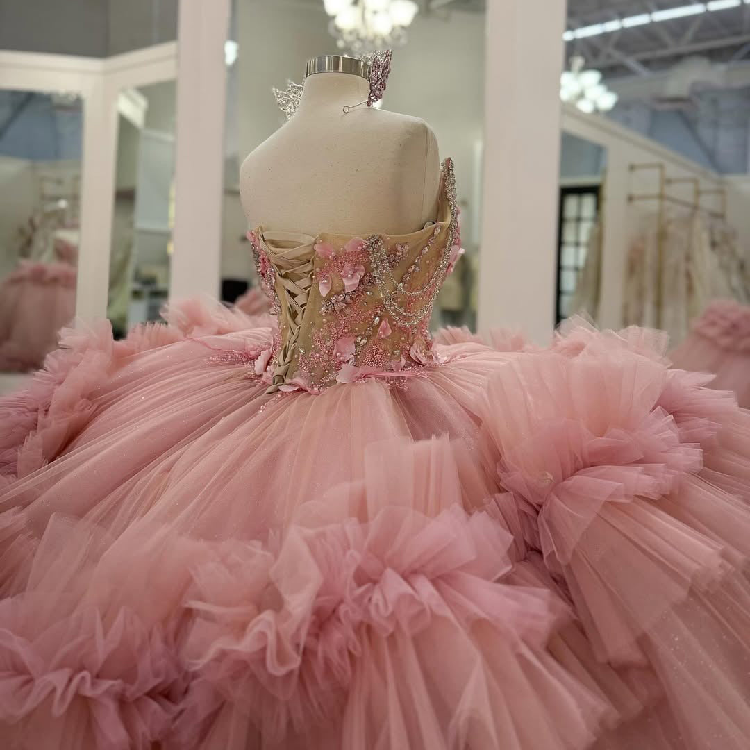 Sweetheart Tulle Ruffles Ball Gown Crystal Beaded Pink Quinceanera Dresses HE773