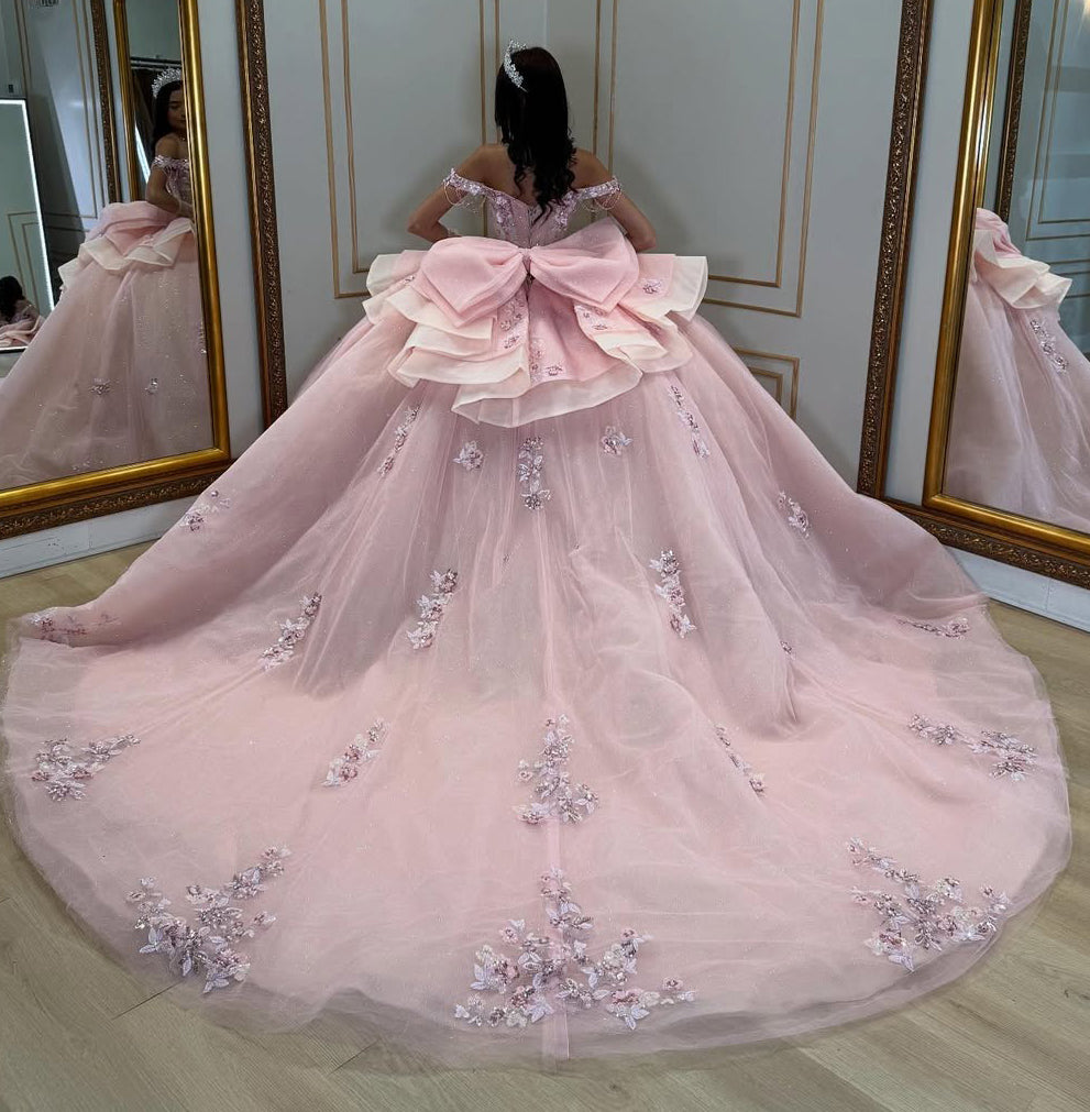 Vestidos de quinceañera con hombros descubiertos, tul princesa, apliques, vestidos de quinceañera HE530