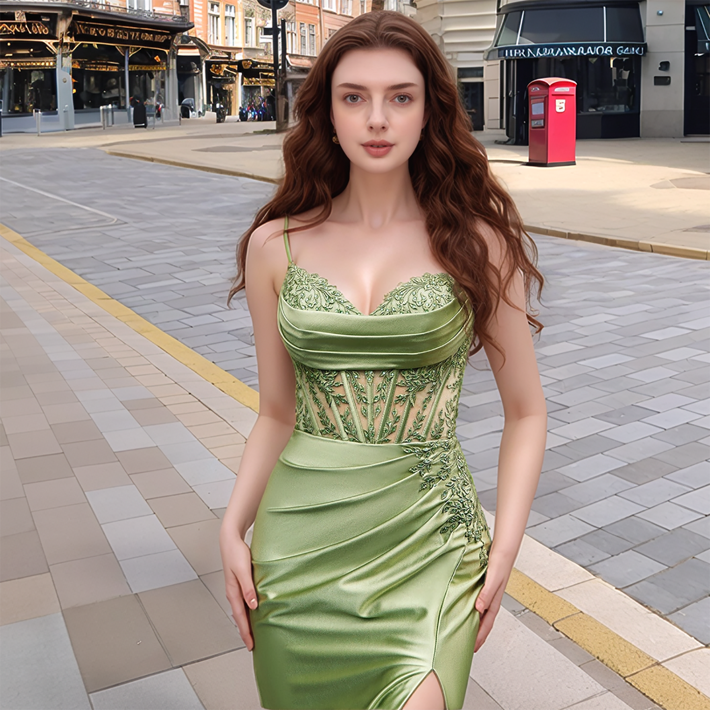 HE010-Satin Mermaid Long Prom Dresses with Slit Lace Appliques Evening Gowns Spaghetti Straps Formal Party Dresses