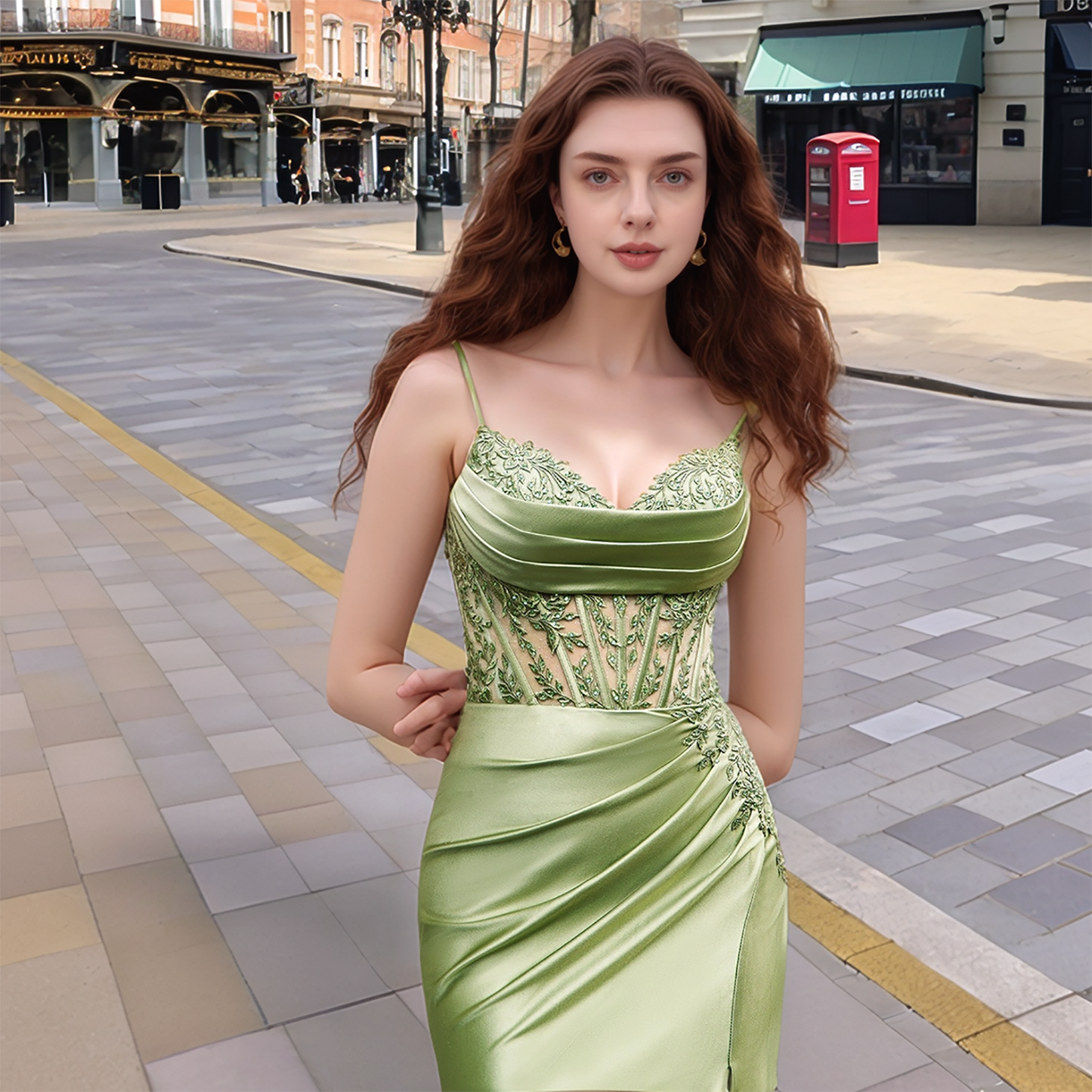 HE010-Satin Mermaid Long Prom Dresses with Slit Lace Appliques Evening Gowns Spaghetti Straps Formal Party Dresses
