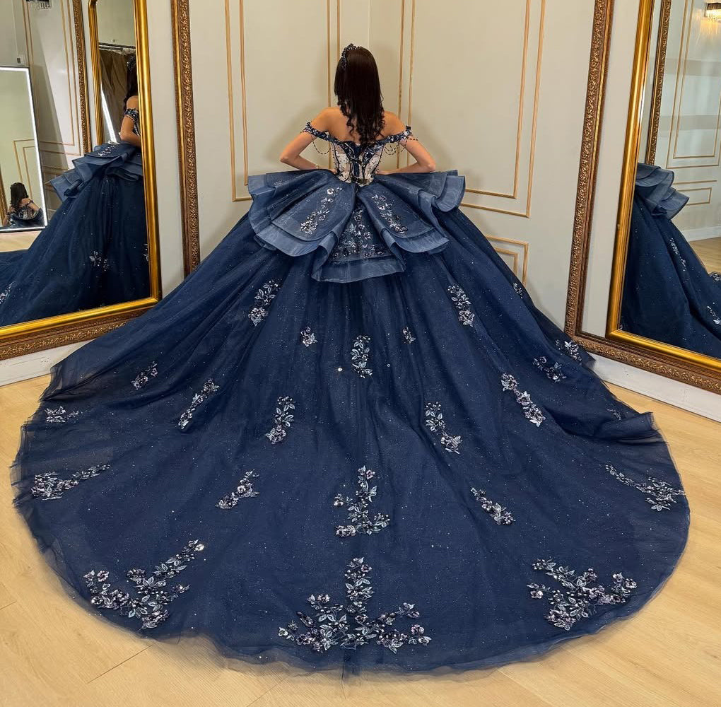 Navy Blue Off Shoulder Ball Gown Tulle Lace Appliqued Quinceanera Dresses HE713