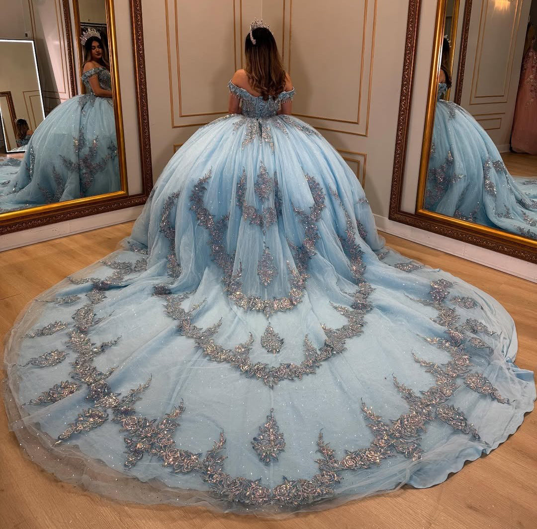 Vestidos de quinceañera con hombros descubiertos, tul princesa, apliques, vestidos de quinceañera HE530