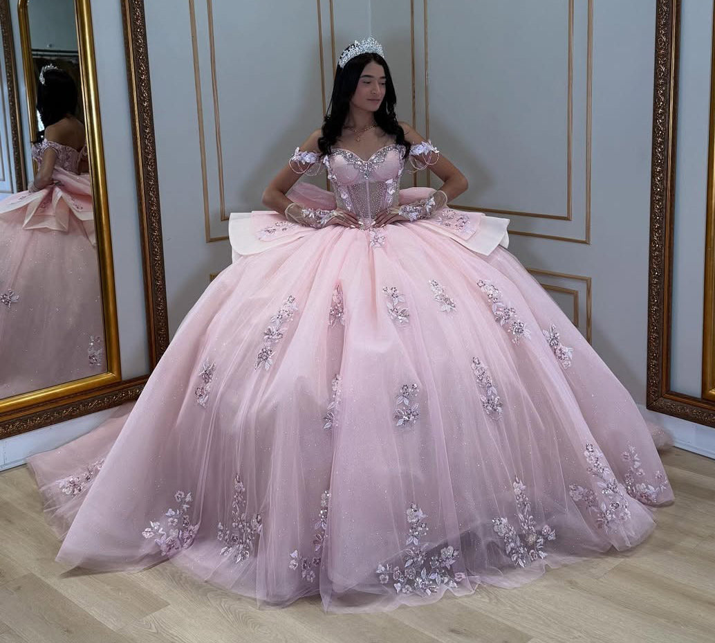 Vestidos de quinceañera con hombros descubiertos, tul princesa, apliques, vestidos de quinceañera HE530