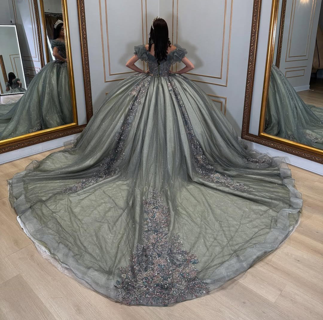 Off Shoulder Glittery Tulle Lace Appliqued Sweet 16 Quinceanera Dresses HE765