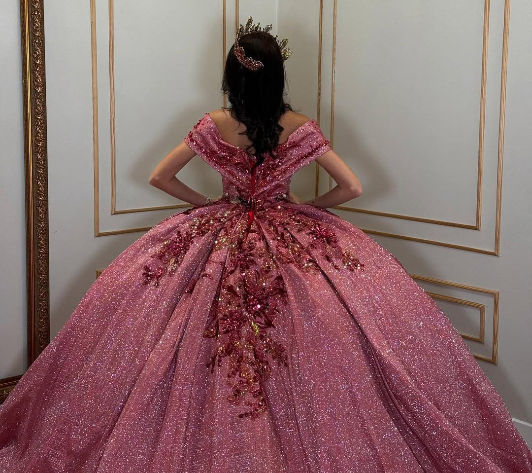 Glittery Tulle Off Shoulder Lace Beaded Ball Gown Quinceanera Dresses HE711
