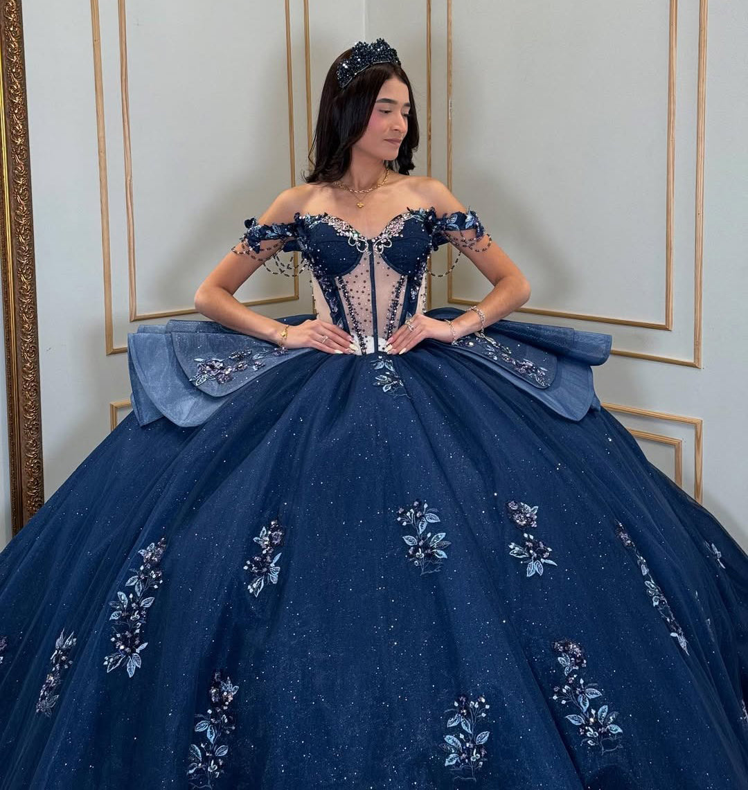 Navy Blue Off Shoulder Ball Gown Tulle Lace Appliqued Quinceanera Dresses HE713