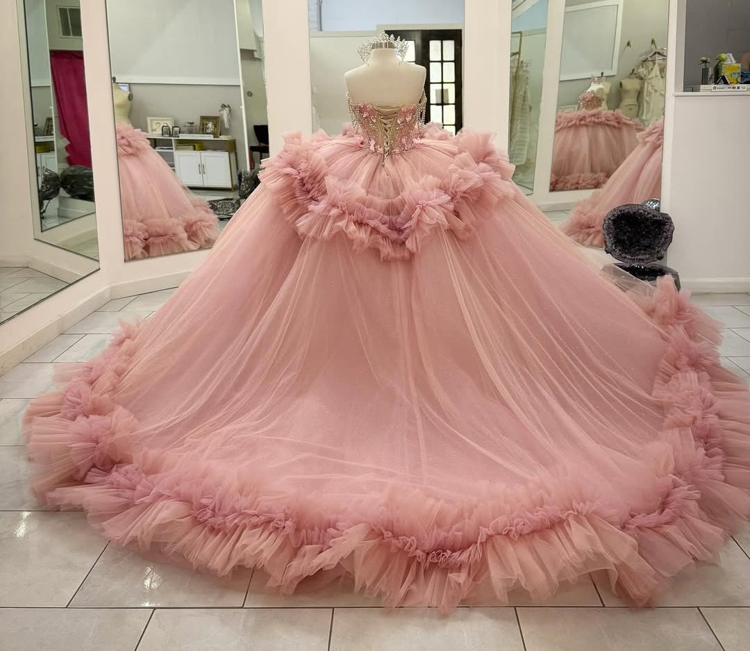 Sweetheart Tulle Ruffles Ball Gown Crystal Beaded Pink Quinceanera Dresses HE773