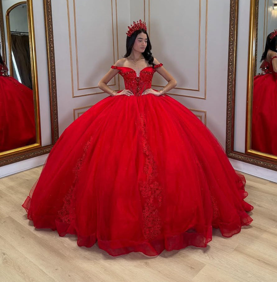 Vestidos de quinceañera con hombros descubiertos, tul princesa, apliques, vestidos de quinceañera HE530