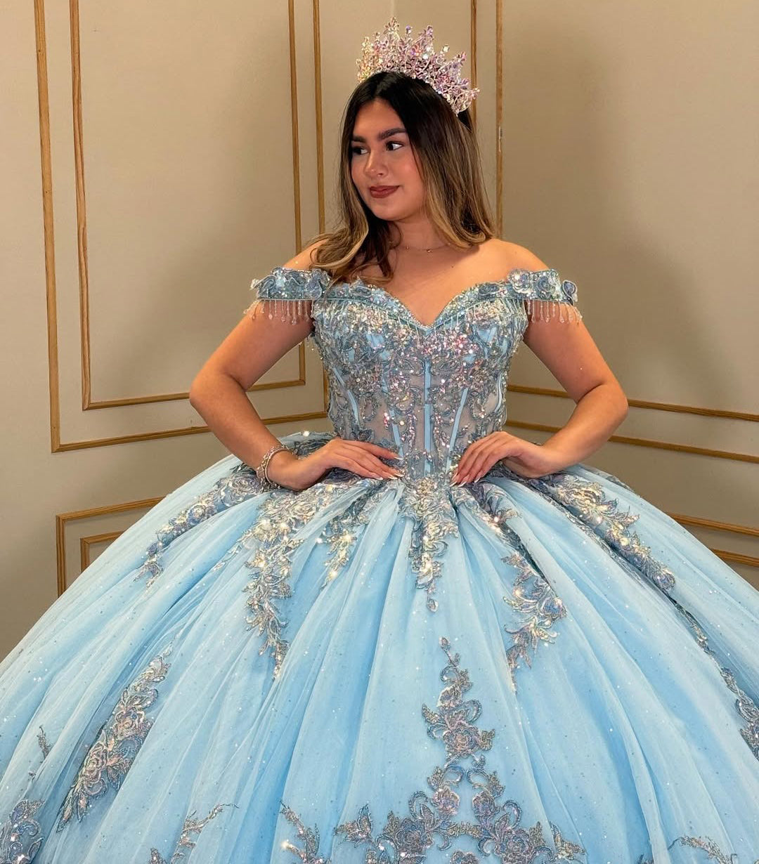 Vestidos de quinceañera con hombros descubiertos, tul princesa, apliques, vestidos de quinceañera HE530