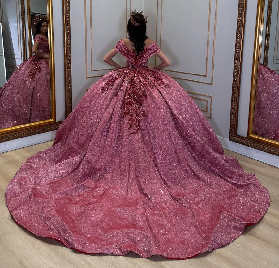 Glittery Tulle Off Shoulder Lace Beaded Ball Gown Quinceanera Dresses HE711