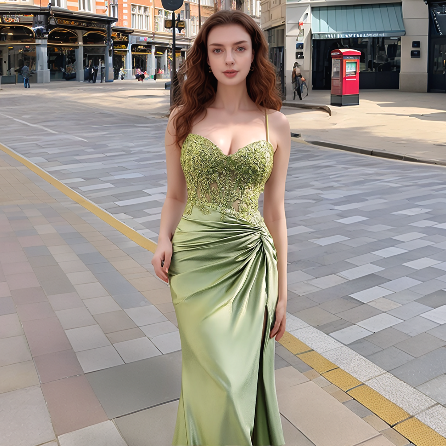 Corset Applique Satin Mermaid Prom Dress with Slit Long Evening Dresses HE012