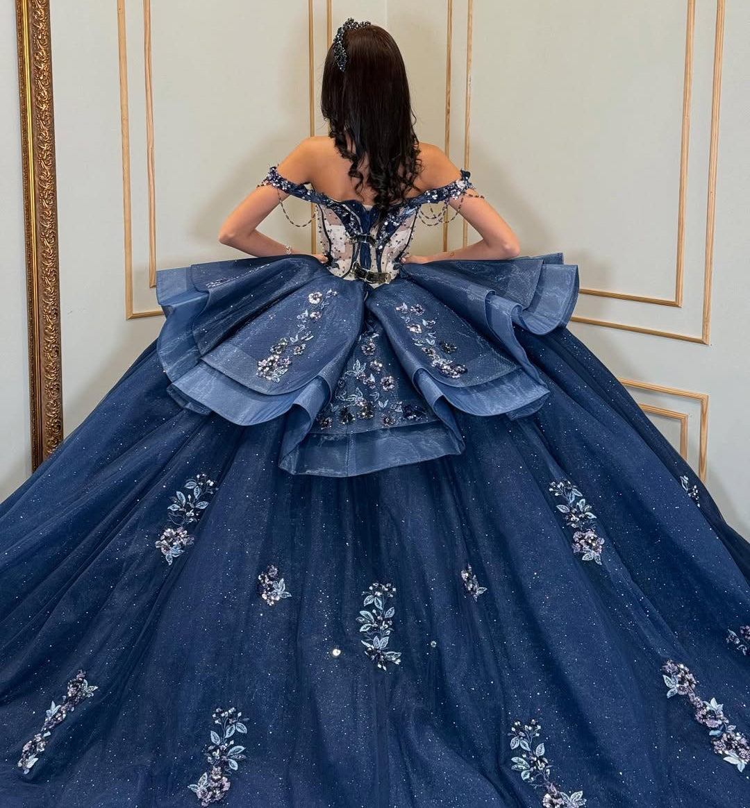 Navy Blue Off Shoulder Ball Gown Tulle Lace Appliqued Quinceanera Dresses HE713