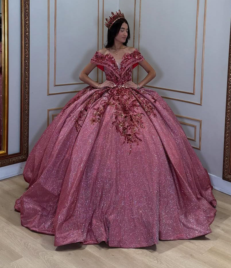 Glittery Tulle Off Shoulder Lace Beaded Ball Gown Quinceanera Dresses HE711