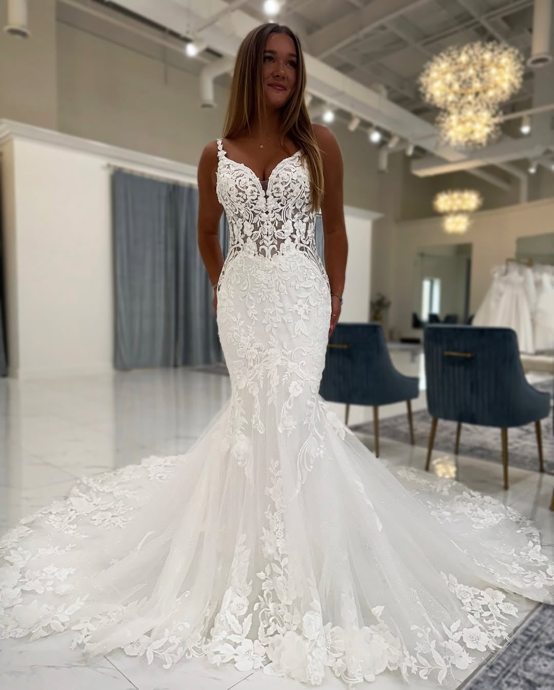 Mermaid Tulle Lace Appliqued V Neck Boho Wedding Dresses for Women HE792