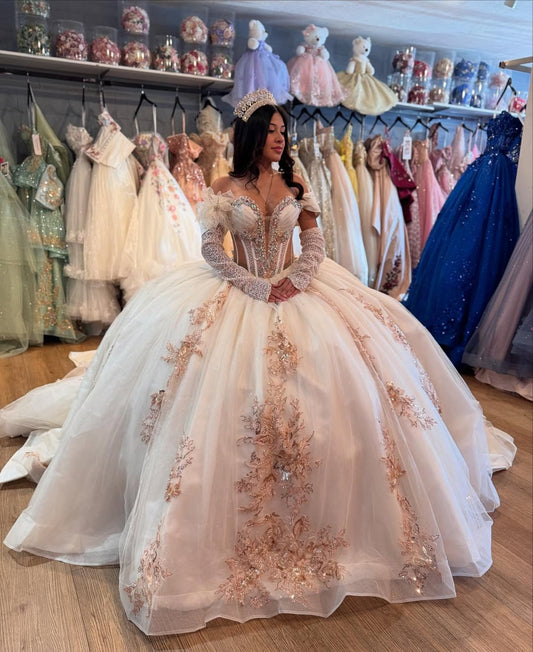 Sweetheart Tulle Lace Appliques Sweet 16 Quinceanera Dresses with Detachable Sleeves HE771