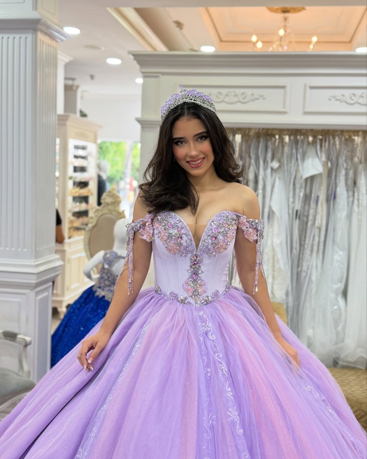 Off Shoulder Tulle Appliqued Beaded Lilac Quinceanera Dresses for Sweet 16 HE1016