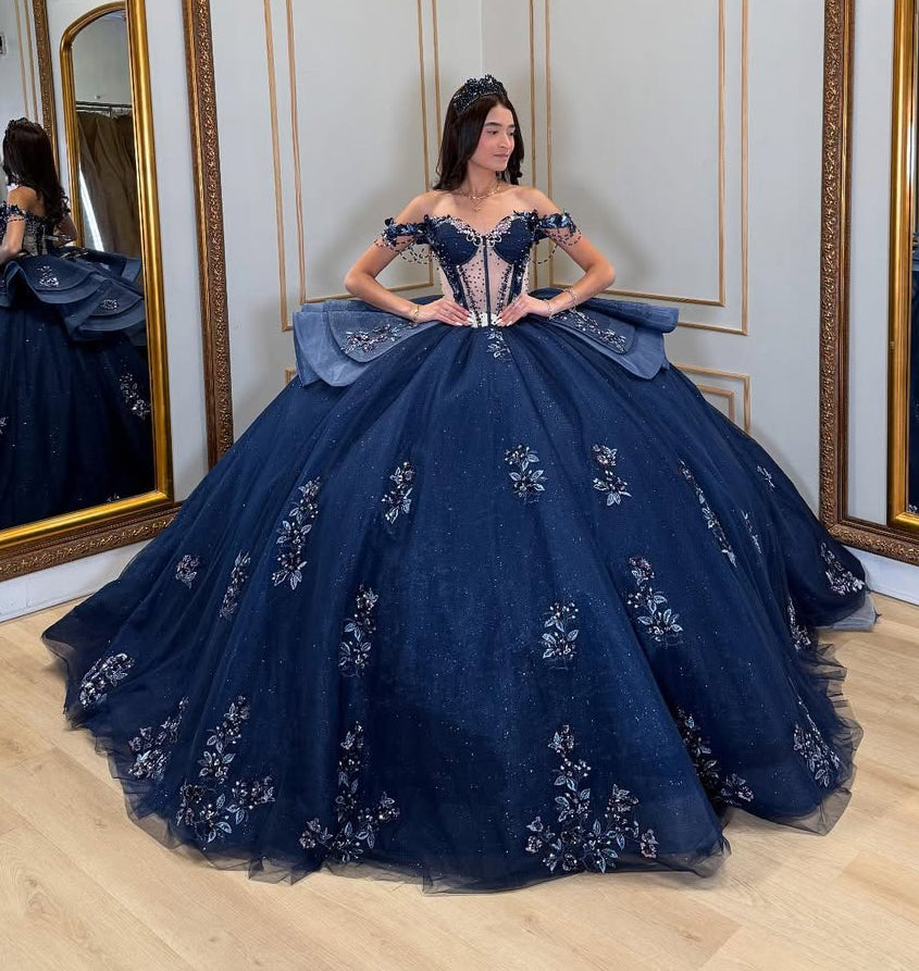 Navy Blue Off Shoulder Ball Gown Tulle Lace Appliqued Quinceanera Dresses HE713