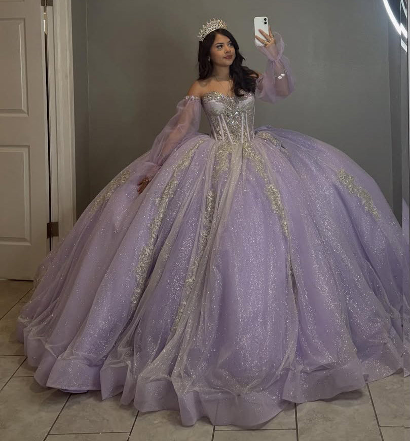 Lilac Sweetheart Corset Tulle Appliqued Beaded Quinceanera Dresses for Sweet 16 HE814
