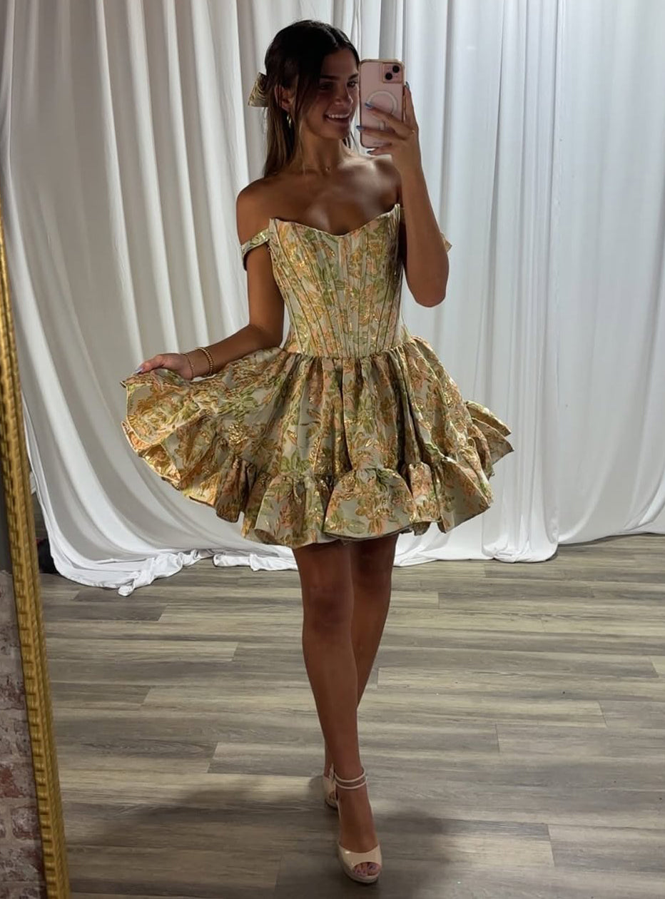 A Line Satin Floral Off Shoulder Corset Homecoming Dresses for Juniors HE759