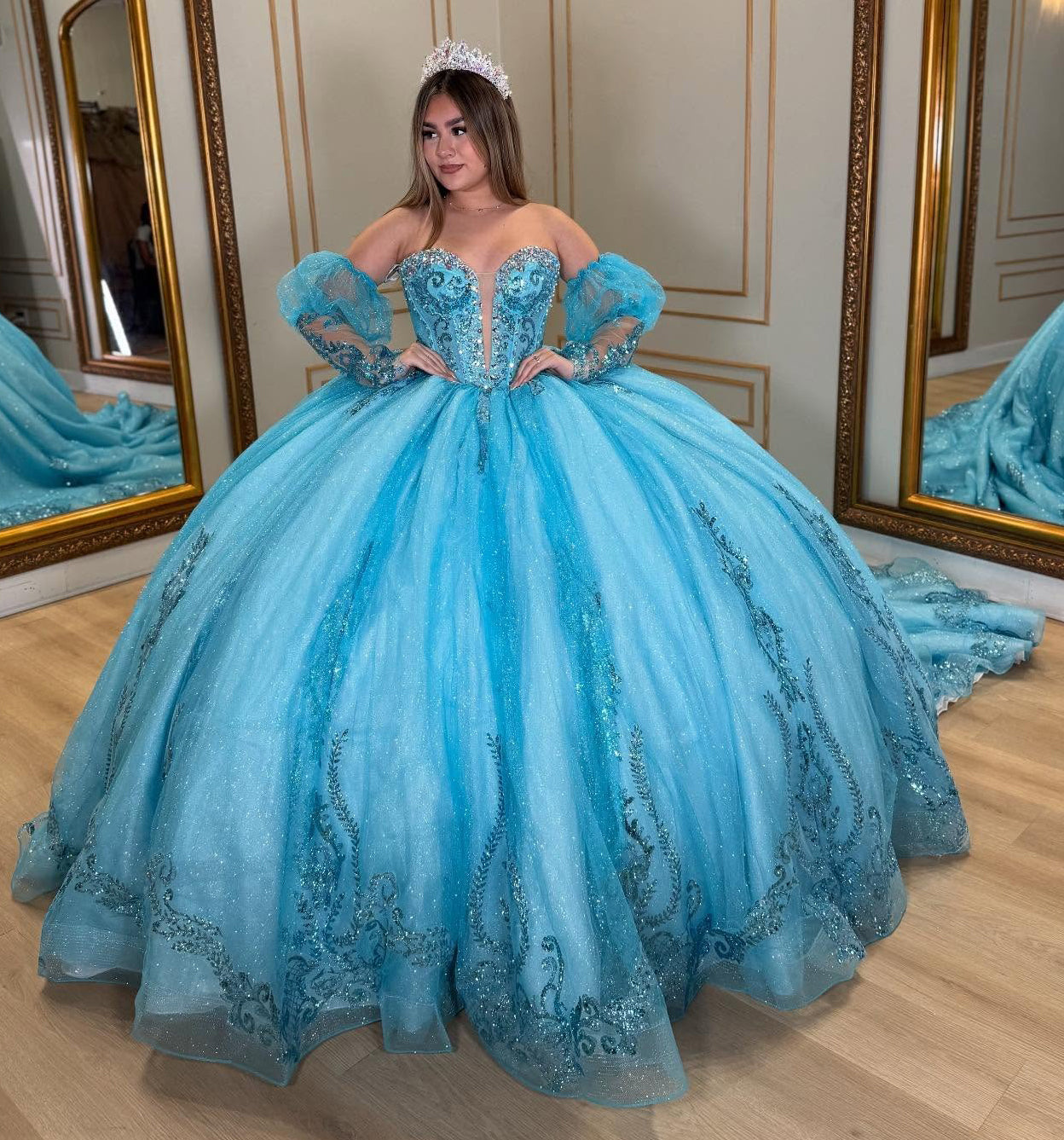 Sweetheart Tulle Lace Beaded Princess Quinceanera Dresses with Detachable Sleeves HE872