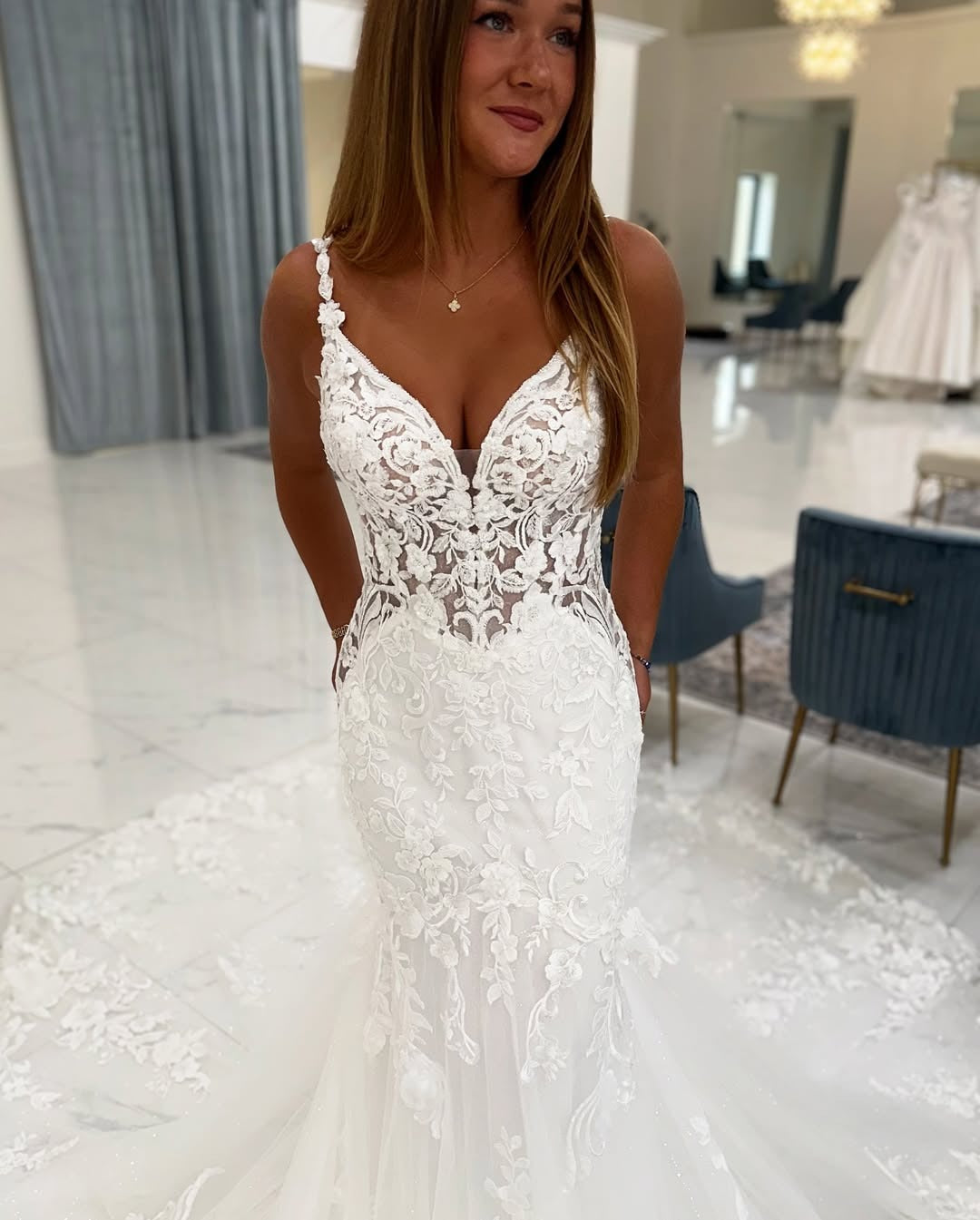 Mermaid Tulle Lace Appliqued V Neck Boho Wedding Dresses for Women HE792