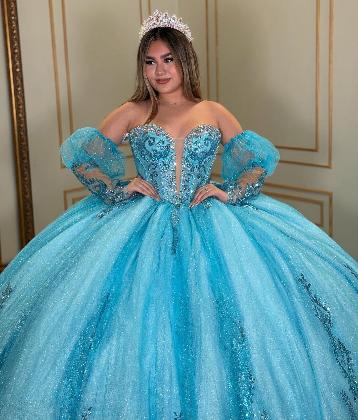 Sweetheart Tulle Lace Beaded Princess Quinceanera Dresses with Detachable Sleeves HE872