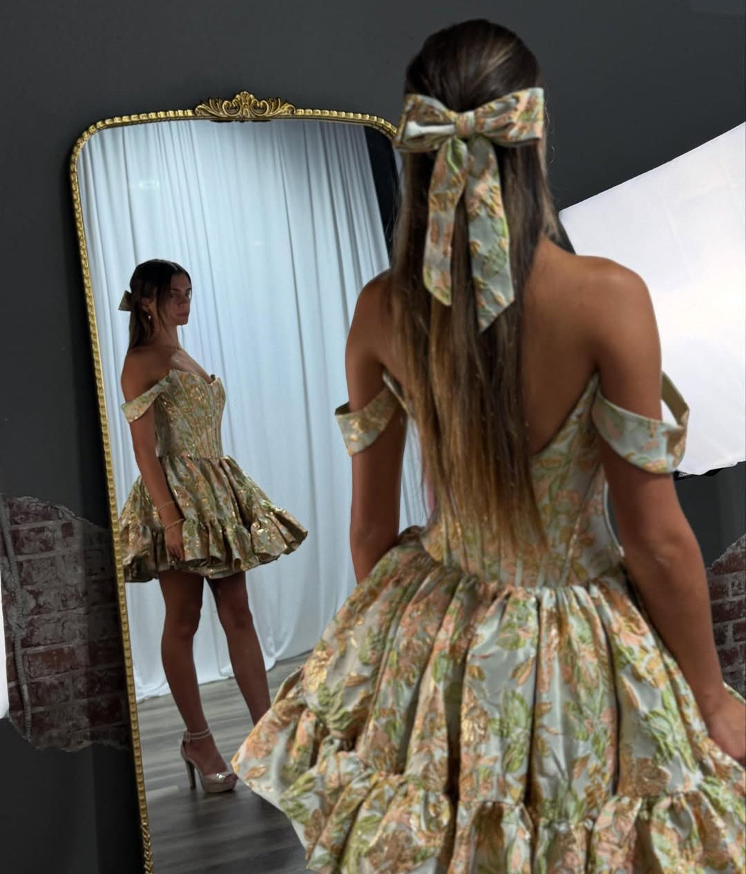 A Line Satin Floral Off Shoulder Corset Homecoming Dresses for Juniors HE759