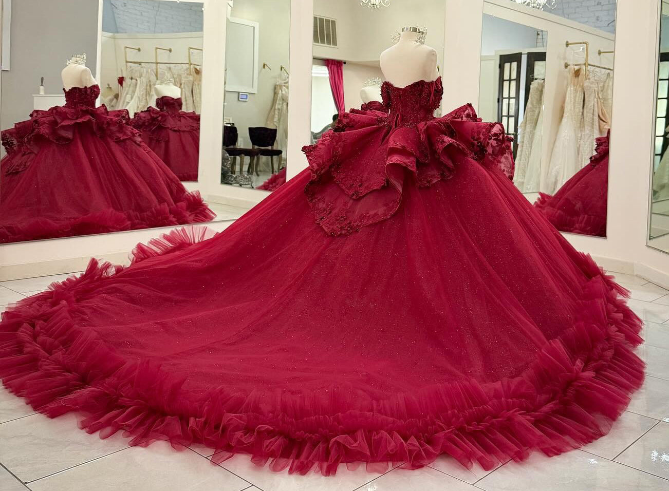 Off Shoulder Tulle Beaded Ruffles Ball Gown Red Quinceanera Dresses for Sweet 16 HE824