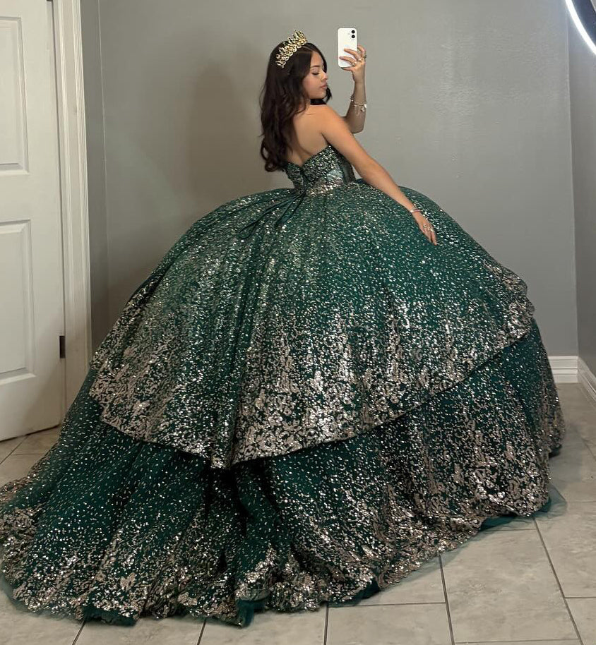 Glittery Tulle Sequin Beaded Corset Green Quinceanera Dresses with Ruffles HE813