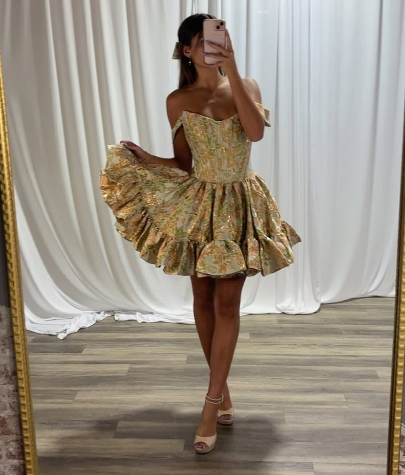A Line Satin Floral Off Shoulder Corset Homecoming Dresses for Juniors HE759