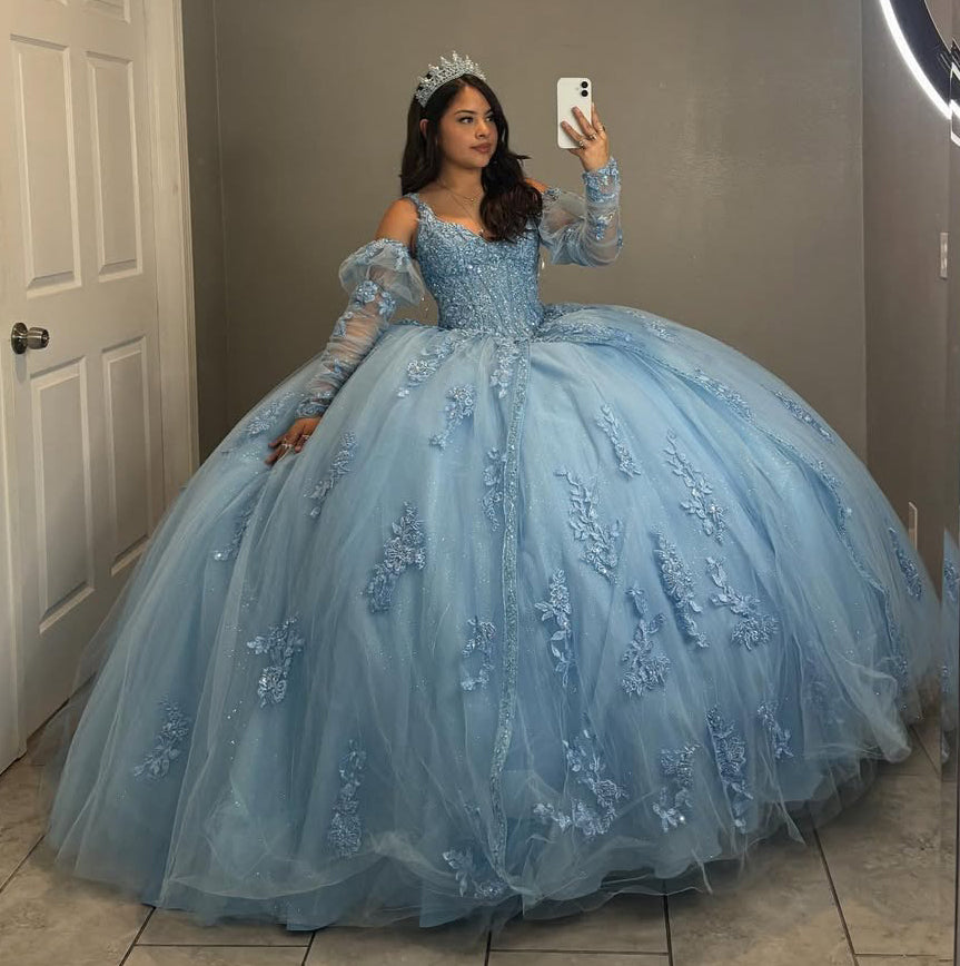 Ball Gown V Neck Tulle Appliqued Sweet 16 Quinceanera Dresses with Detachable Sleeves HE812
