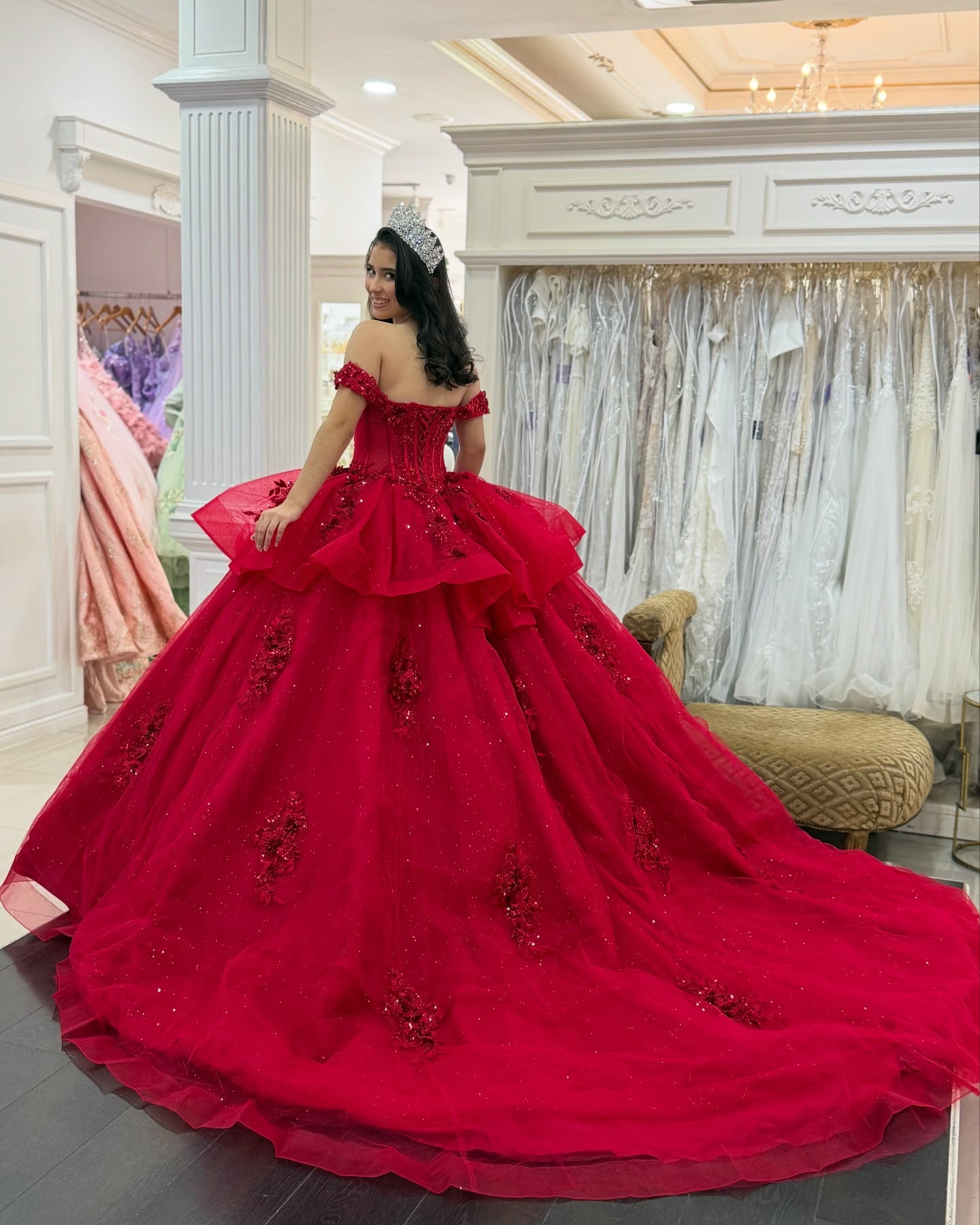 Off Shoulder Tulle Lace Beaded Sweet 16 Red Quinceanera Dresses for Birthday Party HE1008