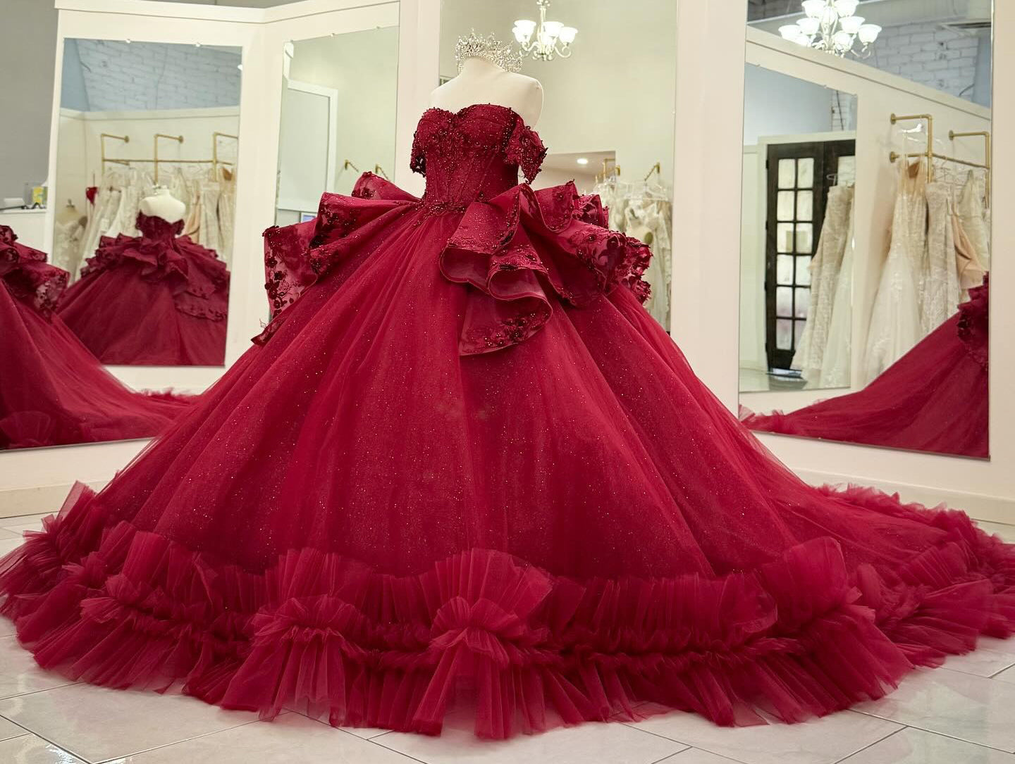 Off Shoulder Tulle Beaded Ruffles Ball Gown Red Quinceanera Dresses for Sweet 16 HE824