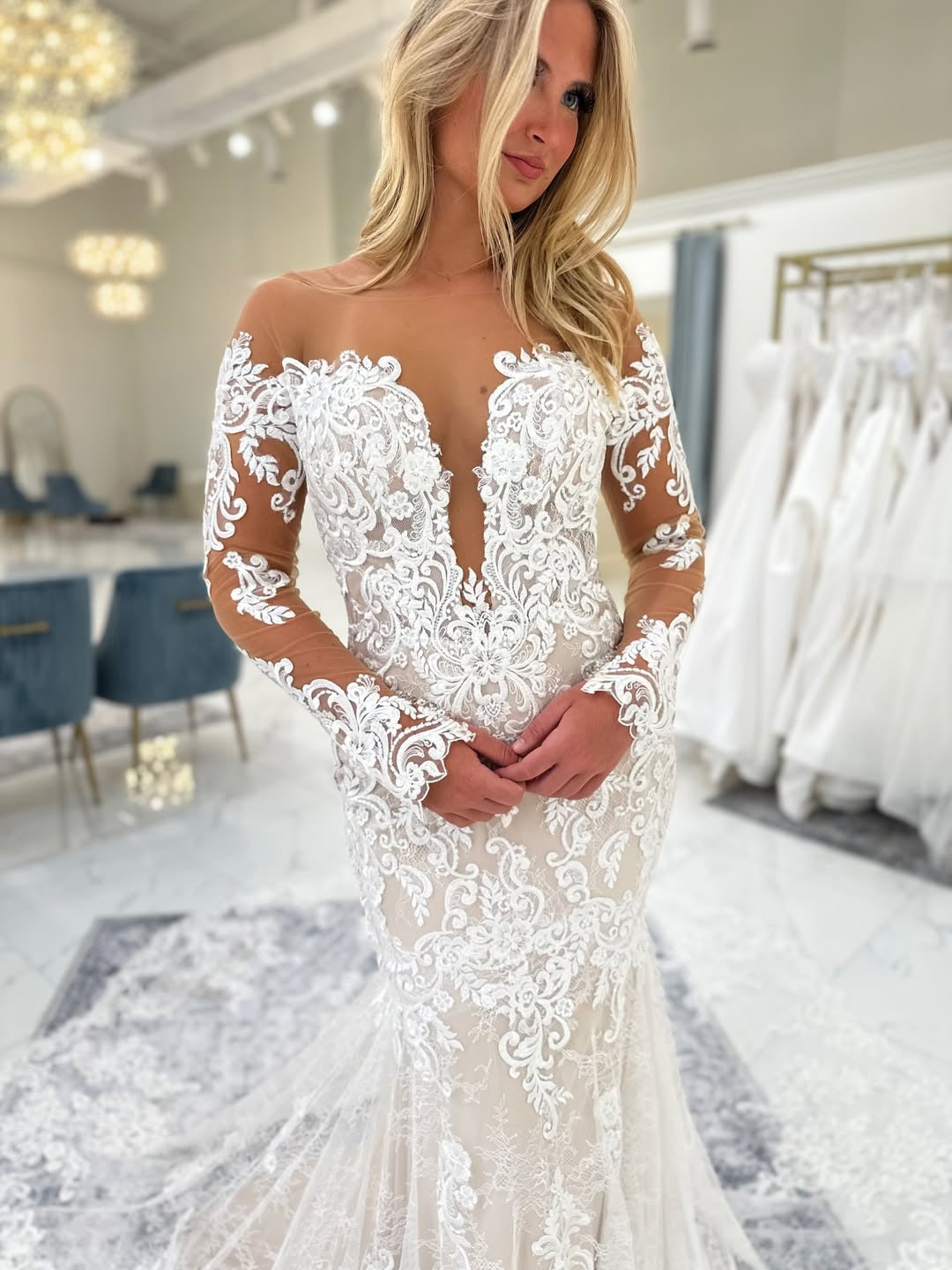 Off Shoulder Long Sleeves Tulle Lace Appliqued Mermaid Wedding Dresses for Bride HE791