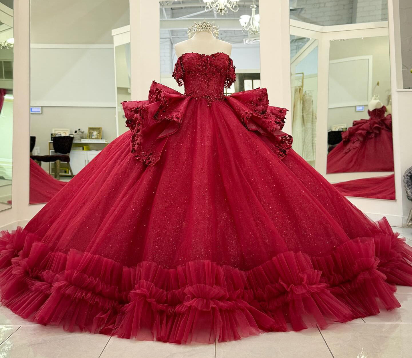 Off Shoulder Tulle Beaded Ruffles Ball Gown Red Quinceanera Dresses for Sweet 16 HE824