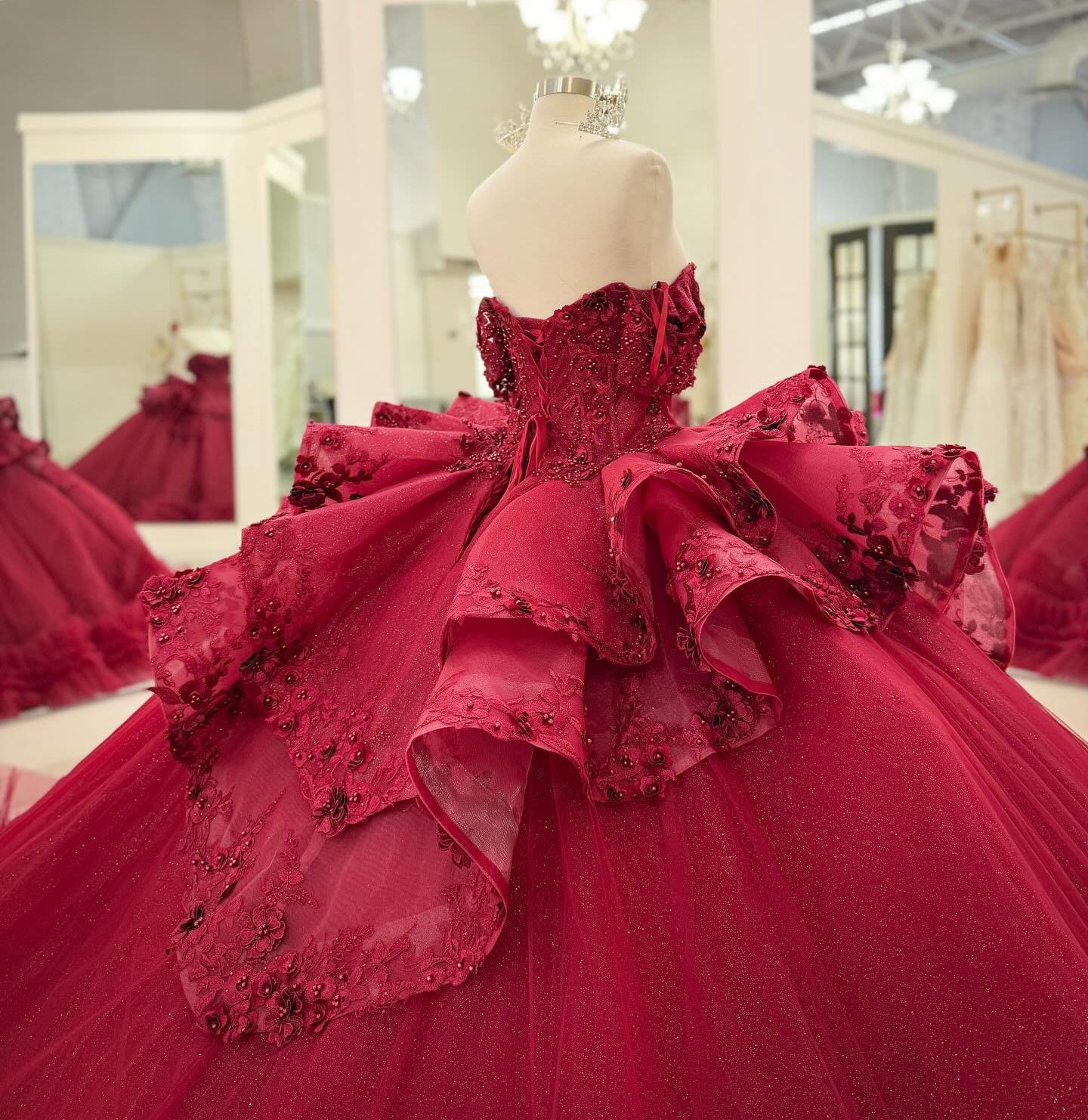 Off Shoulder Tulle Beaded Ruffles Ball Gown Red Quinceanera Dresses for Sweet 16 HE824
