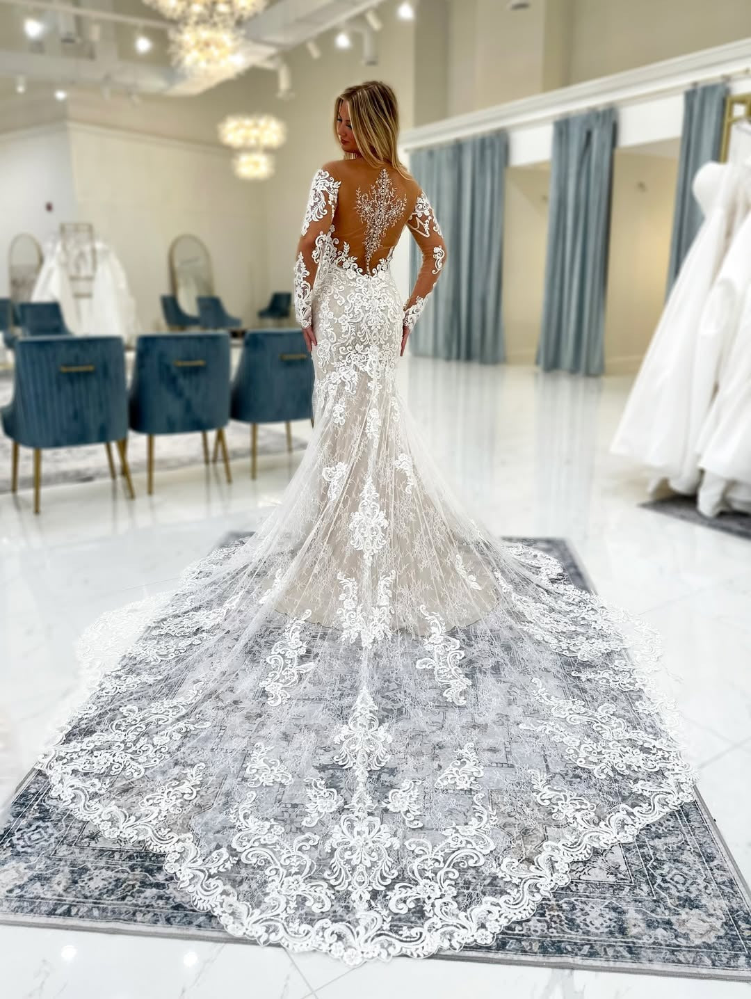 Off Shoulder Long Sleeves Tulle Lace Appliqued Mermaid Wedding Dresses for Bride HE791