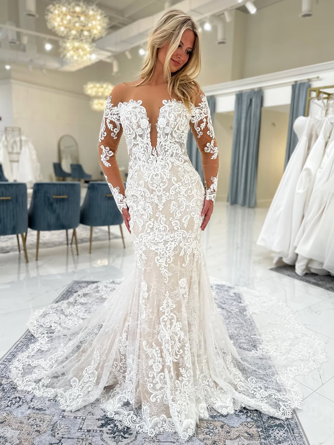 Off Shoulder Long Sleeves Tulle Lace Appliqued Mermaid Wedding Dresses for Bride HE791