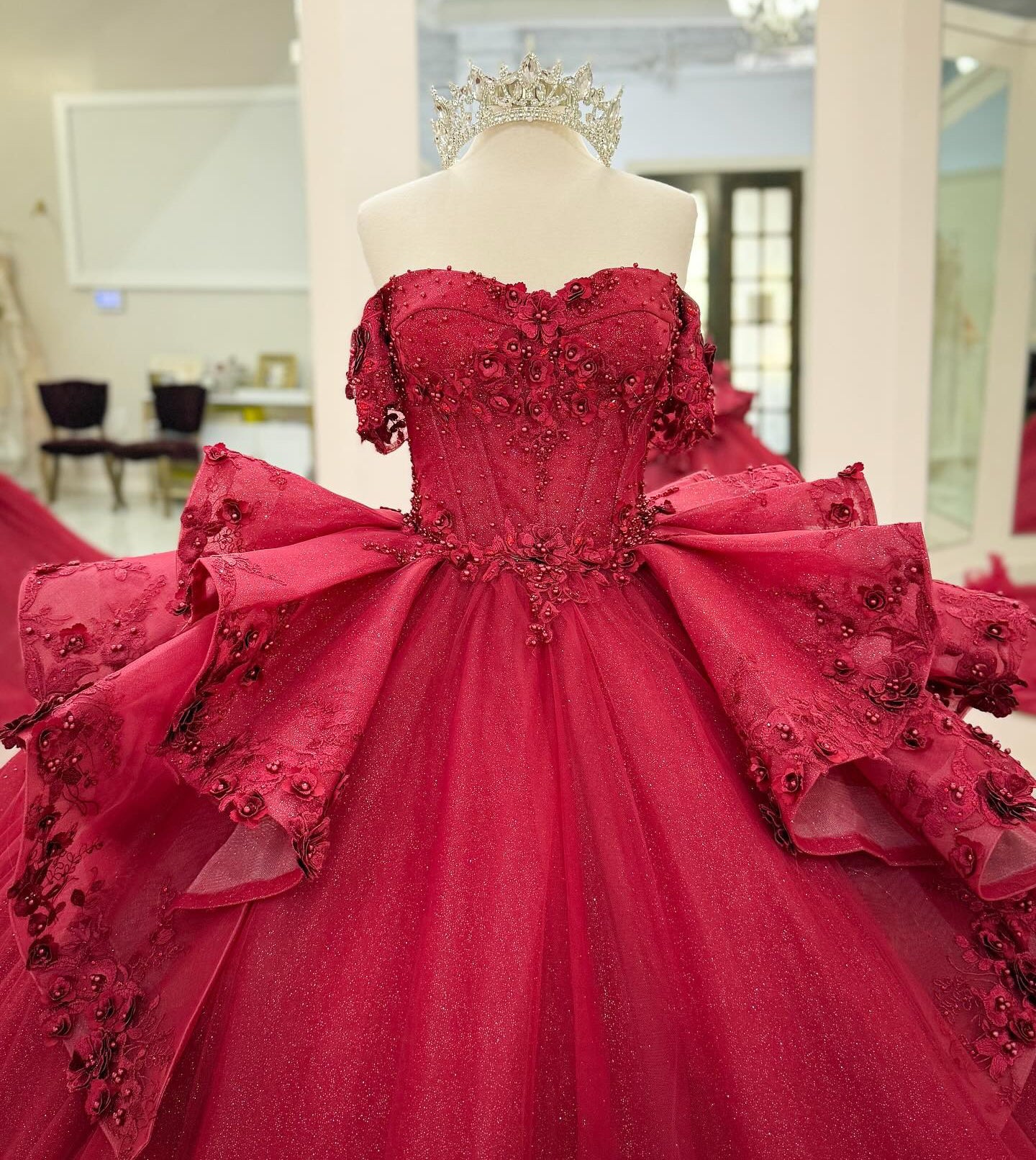 Off Shoulder Tulle Beaded Ruffles Ball Gown Red Quinceanera Dresses for Sweet 16 HE824