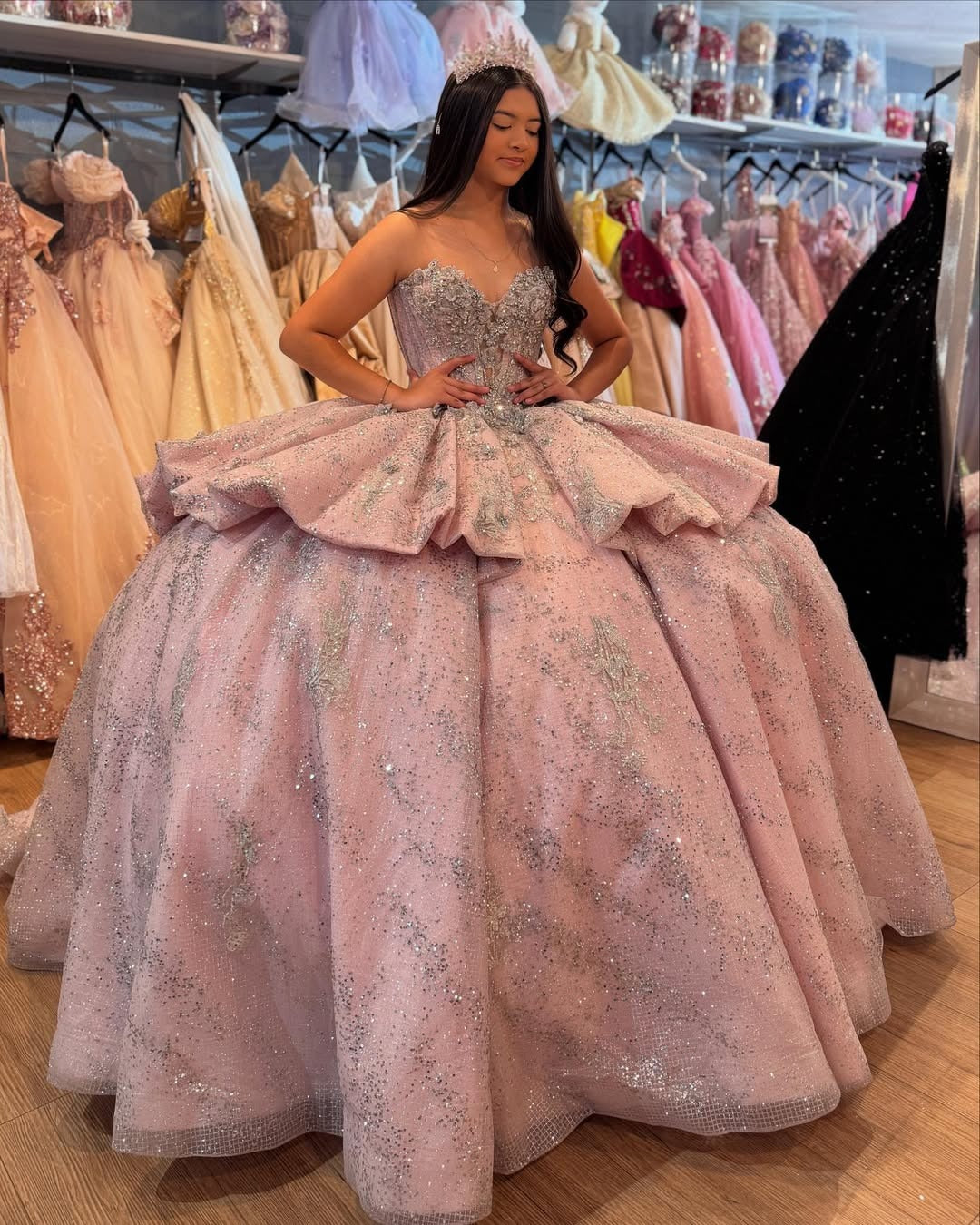 Sweetheart Pink Tulle Sequin Beaded Ball Gown Quinceanera Dresses for Sweet 16 HE768