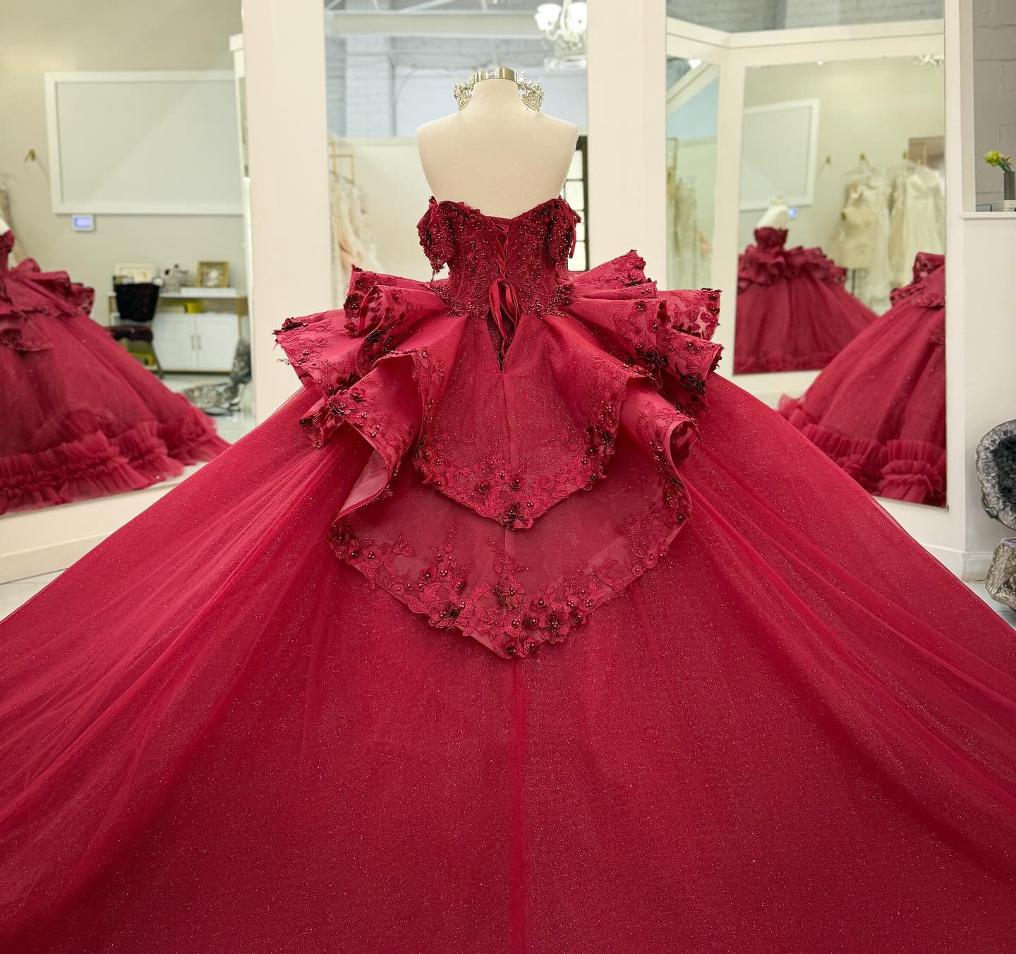 Off Shoulder Tulle Beaded Ruffles Ball Gown Red Quinceanera Dresses for Sweet 16 HE824